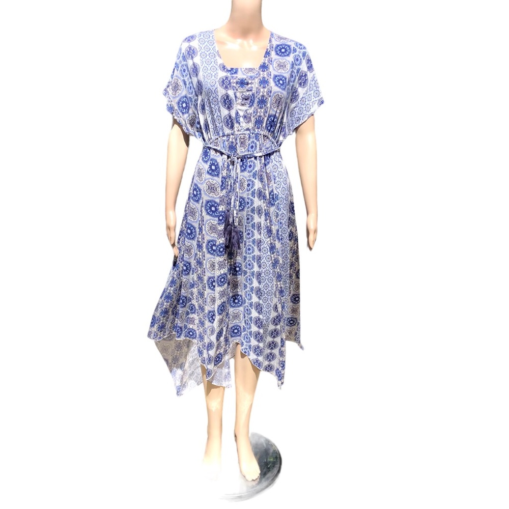 Blue and white print dress with tassel belt and handkerchief hemline Sz s